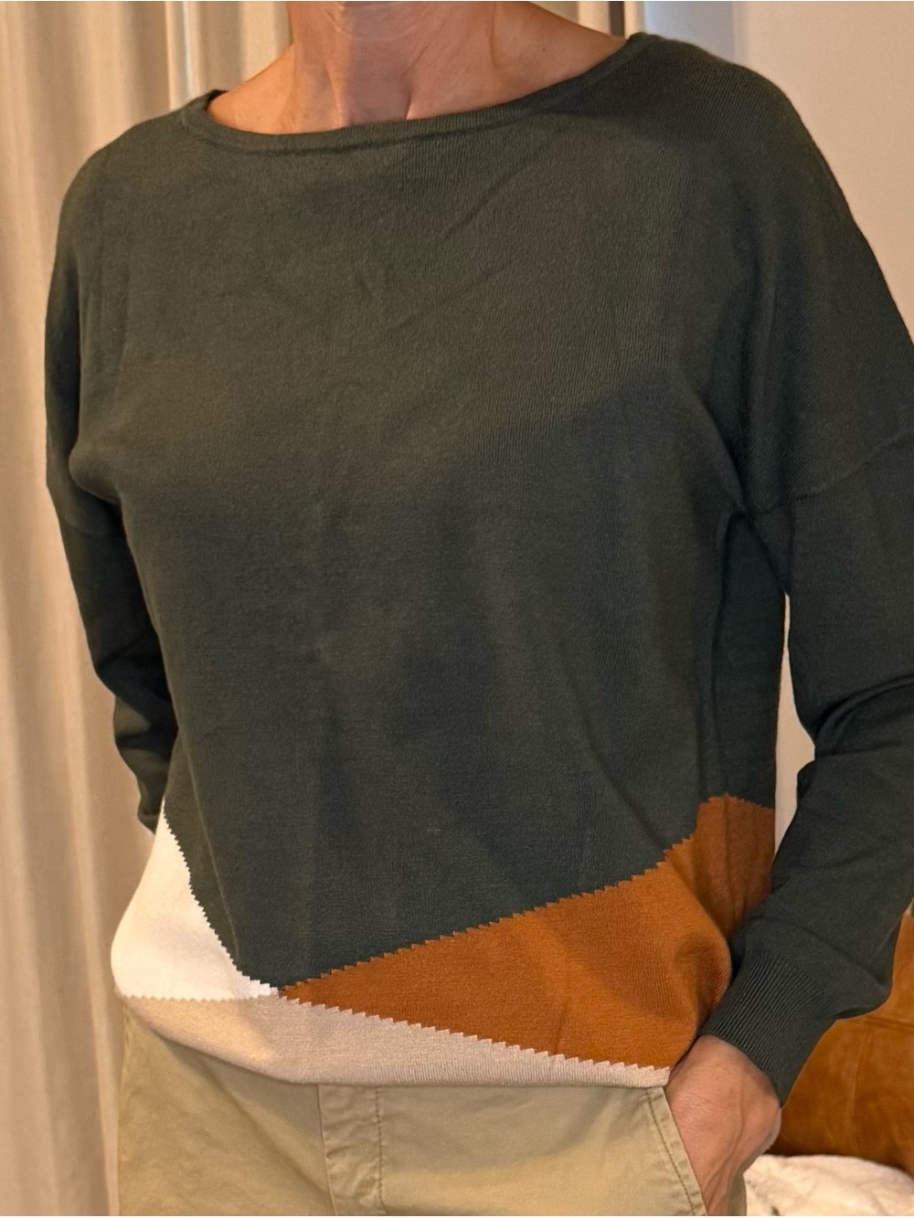 Simply Noelle Dark Green Colorblock Crewneck Sweater with Tan & Cream Panels